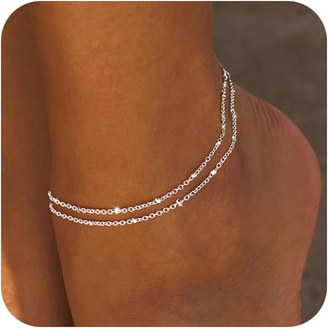 Robaice Ankle Bracelets for Women, Glitter Waterproof Adjustable Anklet for Women, 14K Gold Plated/Sterling Silver Layered Anklets, Summer Beach Anklet Jewelry for Women Gift - Image 1